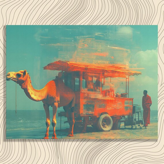 Surreal Camel Beach Canvas Wall Art Abstract Ocean Artwork With Dreamy Desert Vendor Travel Gift Print For Coastal Decor And Exotic Prints