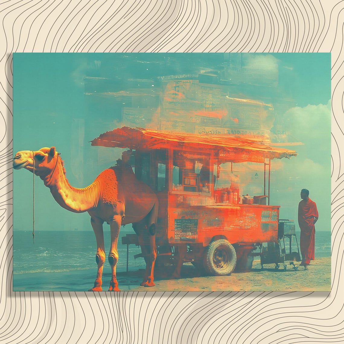 Camel and Red Food Cart Beach Surreal Double Exposure Art Poster