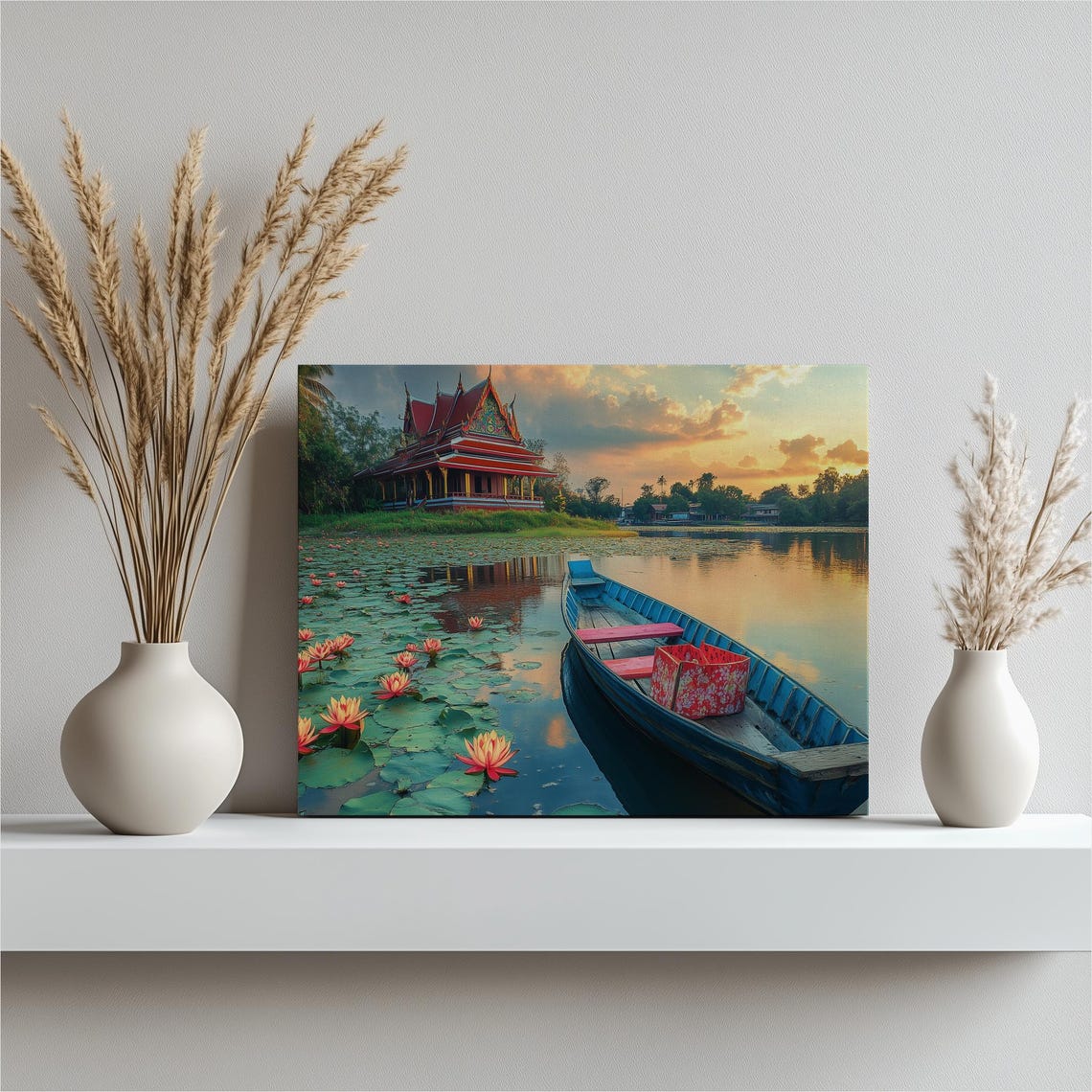 Thai Temple Sunset Over Lotus Lake With Wooden Boat Scenic Poster