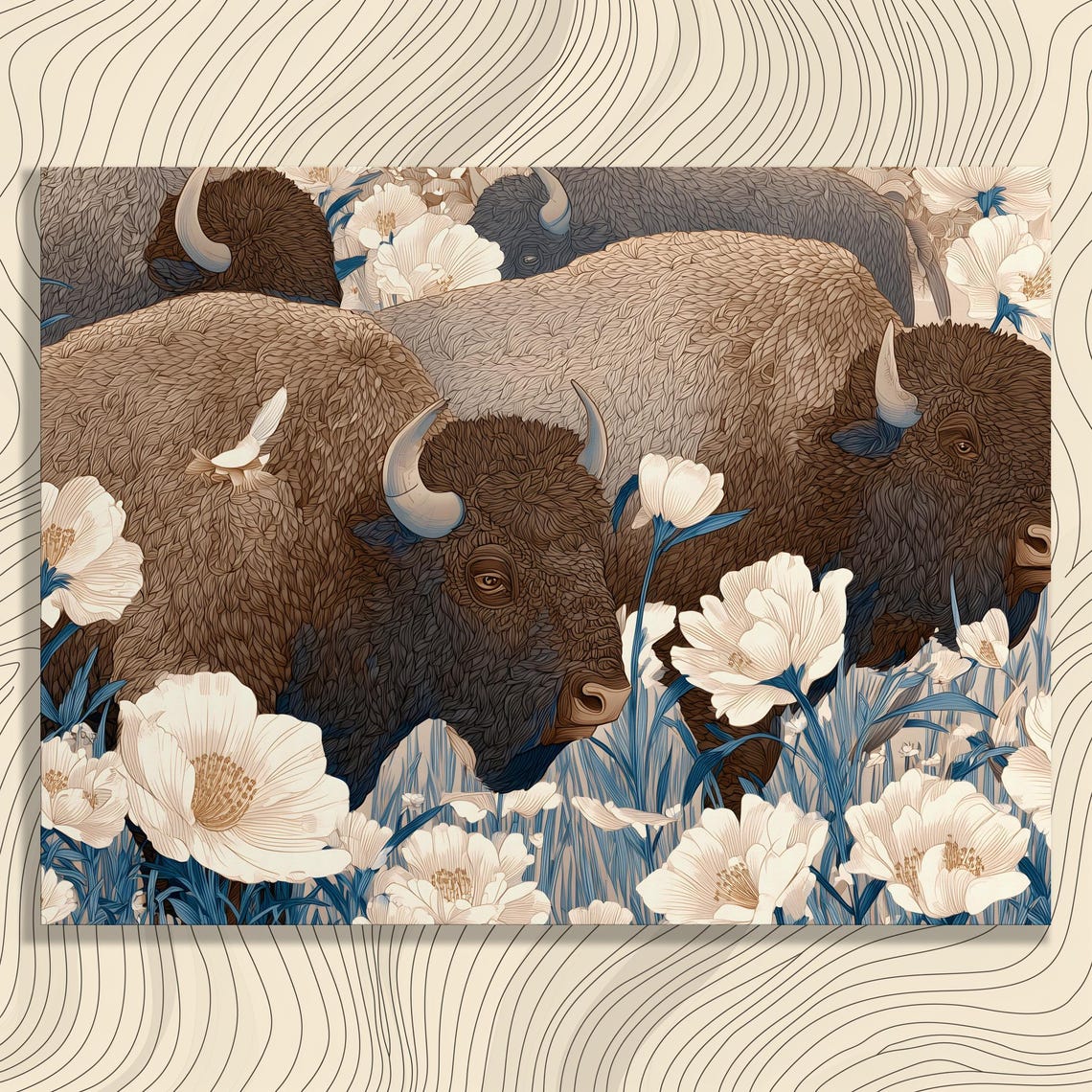 American Bison Herd In White Wildflowers Wildlife Art Poster