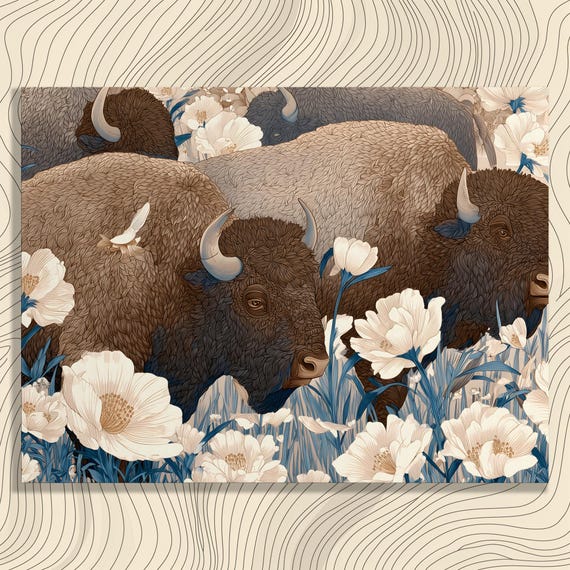 Majestic Buffalo Canvas Wall Art Rustic Wildlife Bison Nature Scene Botanical Print Country Western Floral Landscape