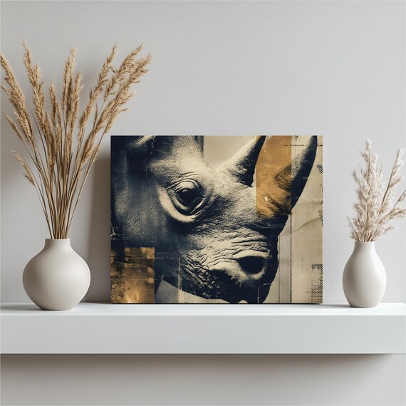 Rhinoceros Vintage Canvas Wall Art Rhino Print African Wildlife Decor Mid Century Pop Collage Halftone Beige Black Painting Gift