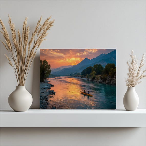Colorful Sunset Kayak Canvas Wall Art Mountain River Painting With Kayakers Golden Water Reflection Nature Artwork Adventure Outdoor Decor