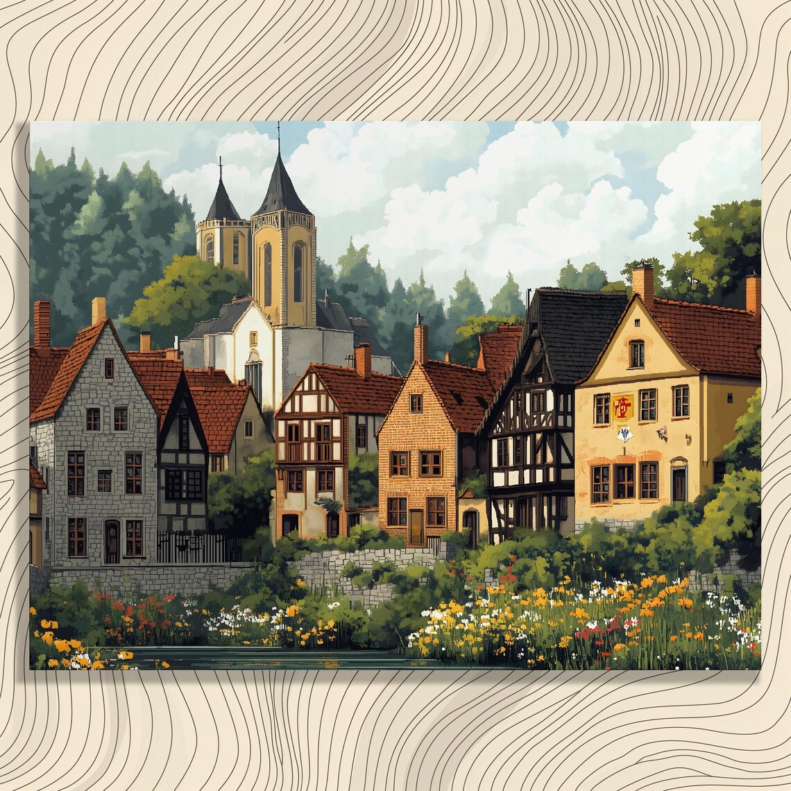 Vintage European Old Town Church Towers Riverside Village Scene Poster