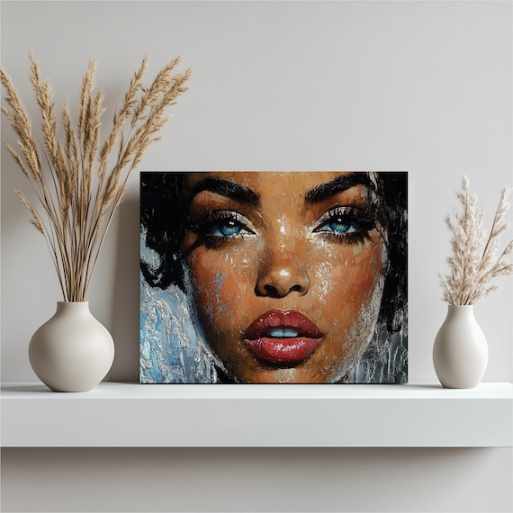 Textured Female Portrait Blue Eyes Red Lips Modern Impasto Art Poster