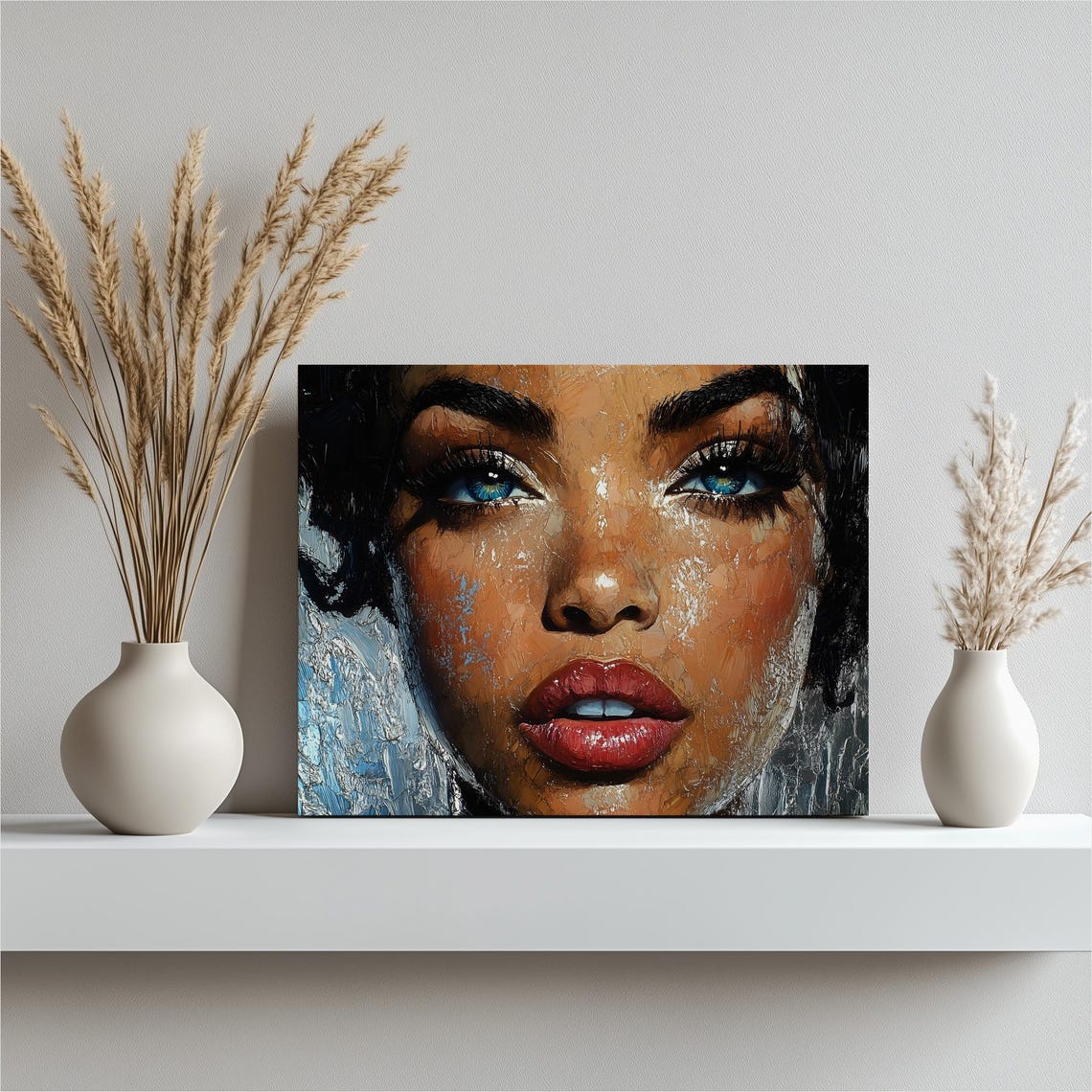 Textured Female Portrait Blue Eyes Red Lips Modern Impasto Art Poster
