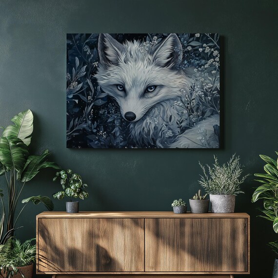 Serene Arctic Fox Canvas Wall Art Print Floral Wildlife Painting And Nature Decor Vulpes Lagopus Gift For Animal Lovers