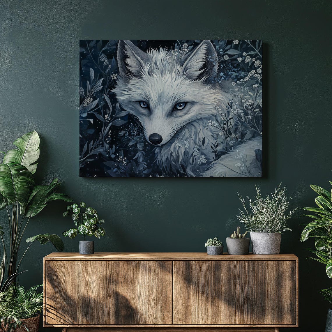Elegant Arctic Fox Portrait Among Blue Winter Blooms Fine Poster