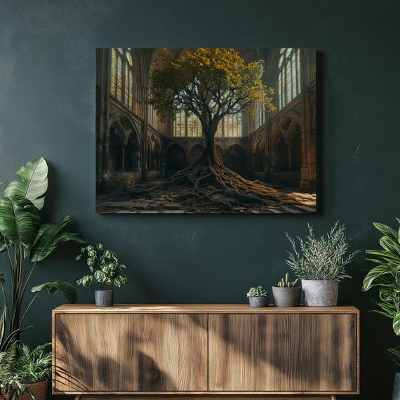 Golden Tree Inside Gothic Cathedral Stained Glass Fantasy Poster