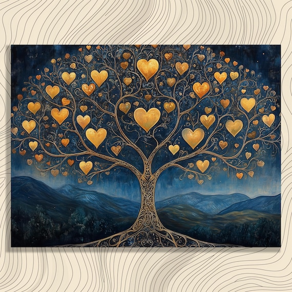 Golden Hearts Tree of Life Night Painting Love Symbol Poster