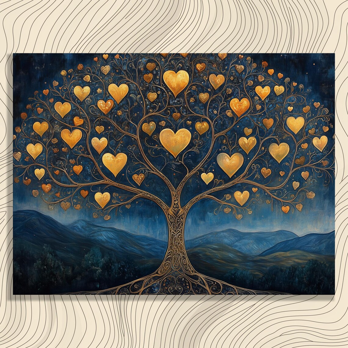 Golden Hearts Tree of Life Night Painting Love Symbol Poster