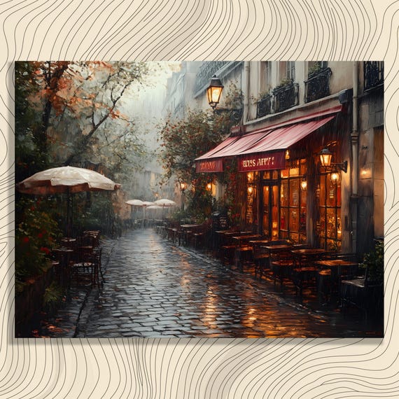 Cozy Rainy Cafe Canvas Wall Art Vintage Autumn Impressionist Street Scene Print Decor Gift For Lovers And Travelers Perfect