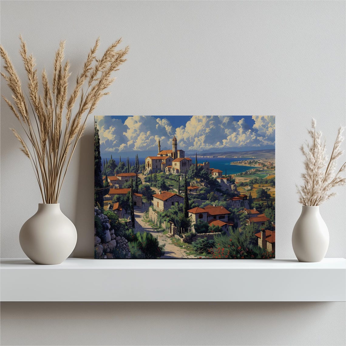 Mediterranean Hilltop Village Church Terracotta Roofs Coast Poster