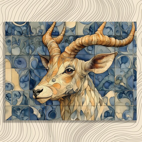 Antelope Portrait Canvas Wall Art Gazelle Horn Wildlife Profile In Blue Tile Pattern Neutral Beige Watercolor Look For Modern Home Decor