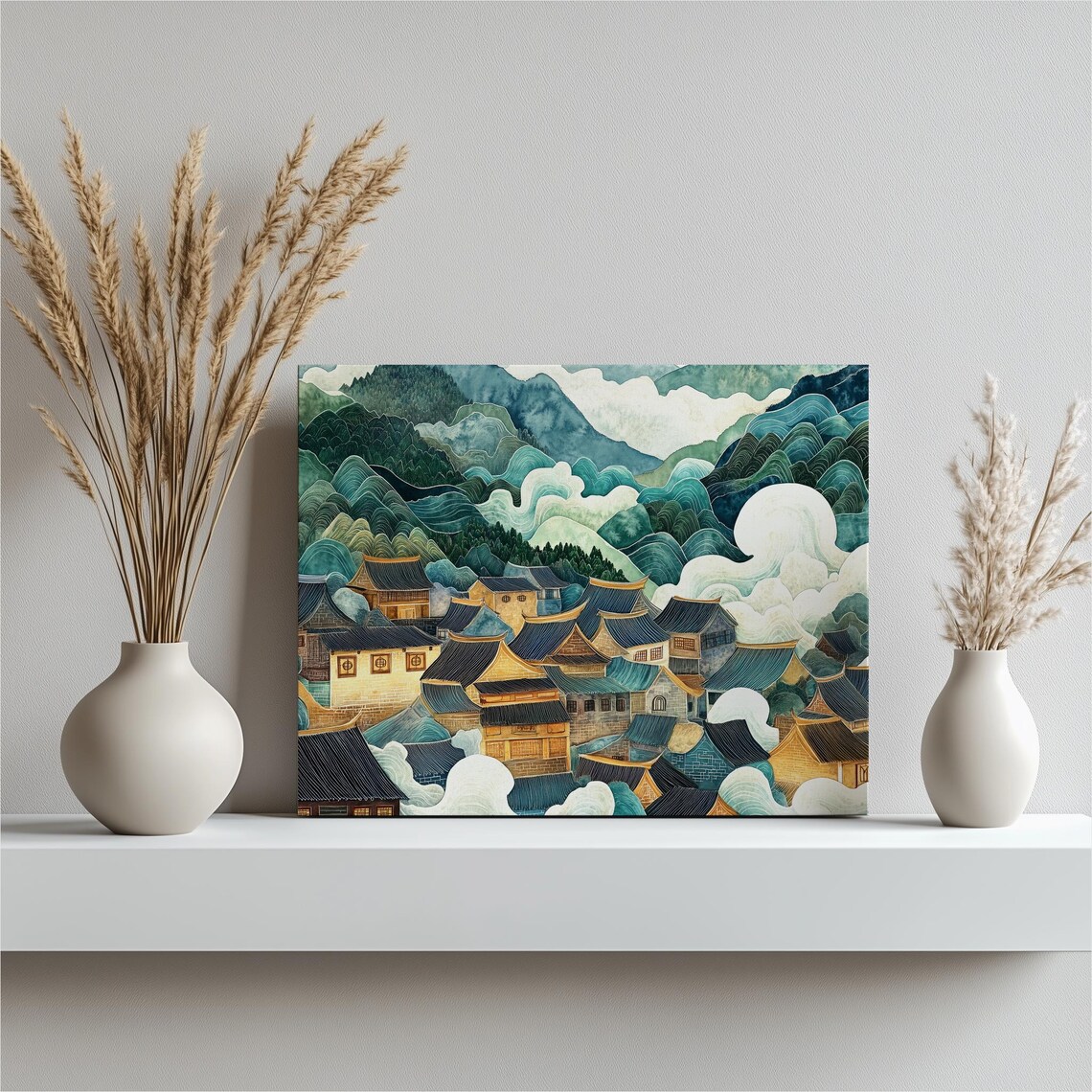 Chinese Embroidery Village Art Print, Ink Wash