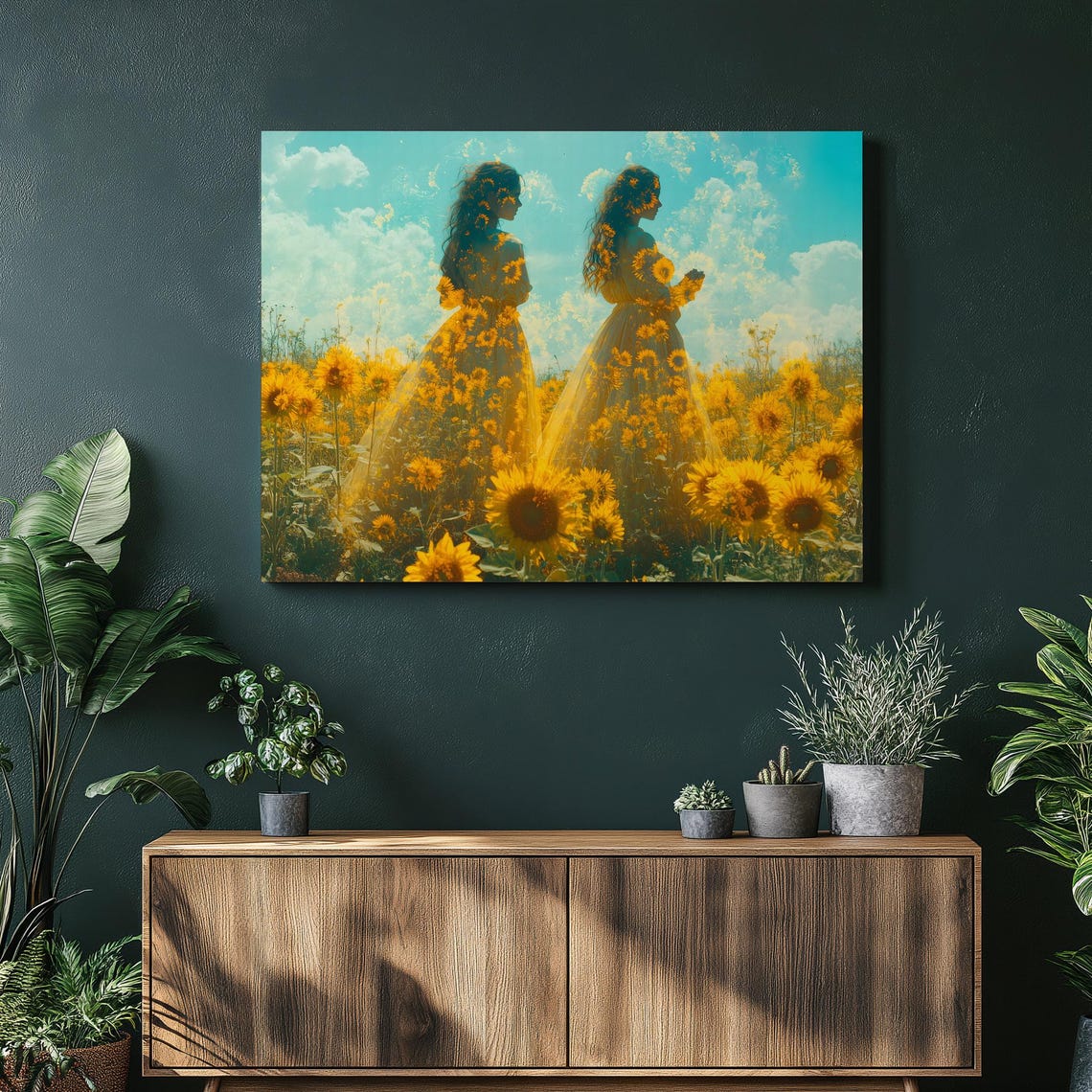 Sunflower Field Double Exposure Women Dreamy Golden Art Print