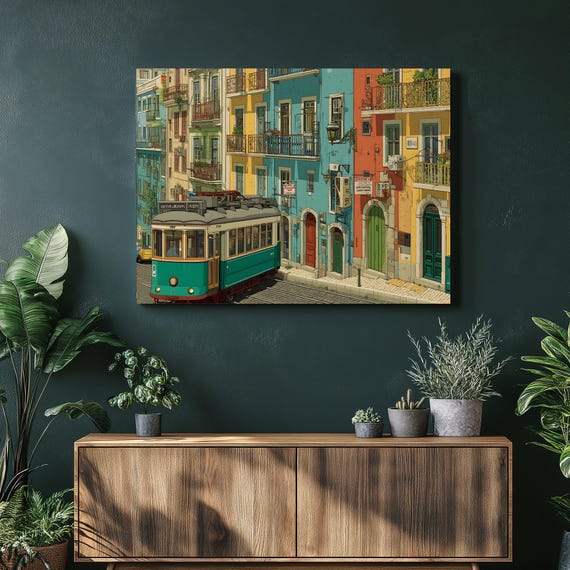 Lisbon Tram Canvas Wall Art Colorful Alfama Cityscape Print For Travel Decor
