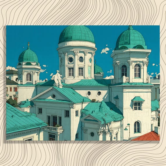 Neoclassical Cathedral Canvas Wall Art Teal Dome Illustration Modern Architecture Print European Cityscape Decor Helsinki Travel Gift