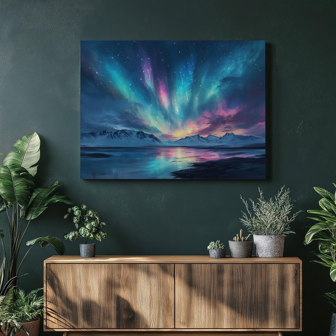 Northern Lights Aurora Over Snowy Mountains Lake Night Poster