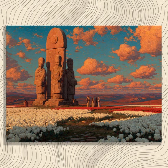 Sunset Tulip Monument Canvas Wall Art Colorful Landscape Print Of Field Ancient Stone Statues Nature Decor Gift Painting