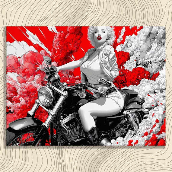 Bold Motorcycle Canvas Wall Art Pin Up Girl Biker Decor Explosion Poster Vintage Bike Illustration Motorbike