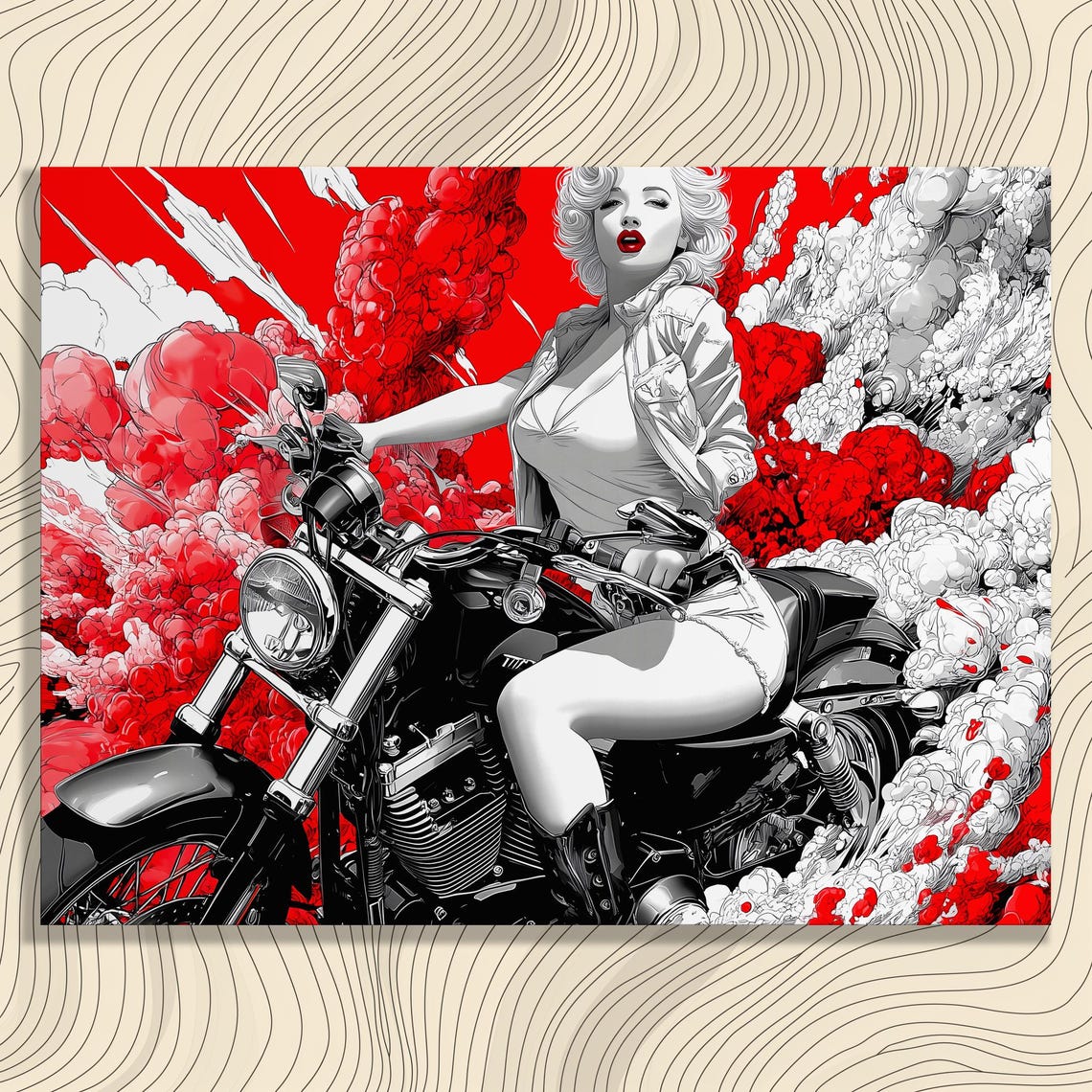 Pin Up Biker Girl Motorcycle Red Black Comic Style Canvas Poster
