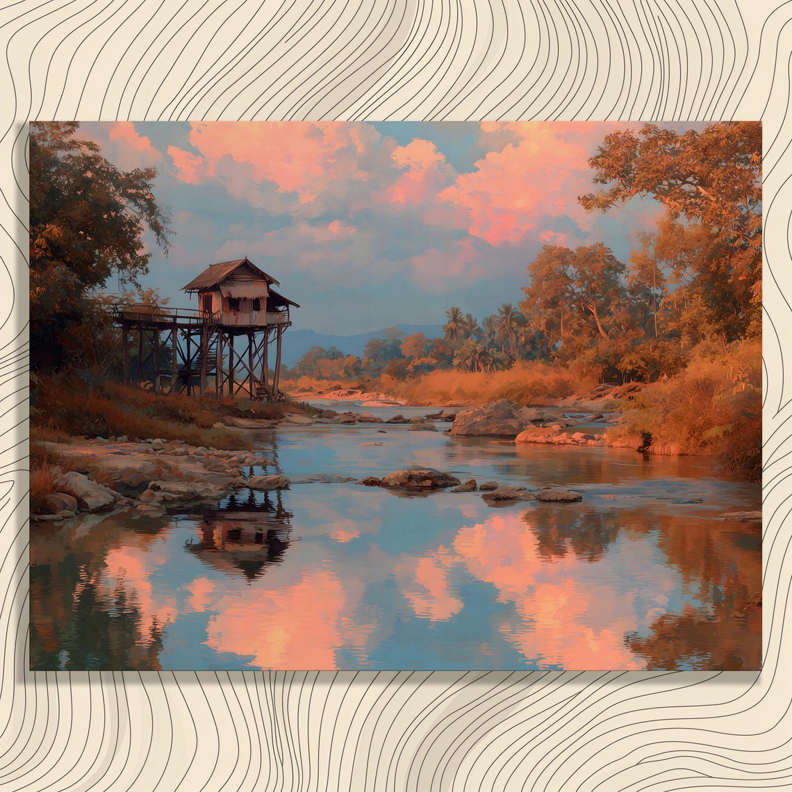 Tropical River Stilt Hut At Sunset With Pink Cloud Reflections Poster