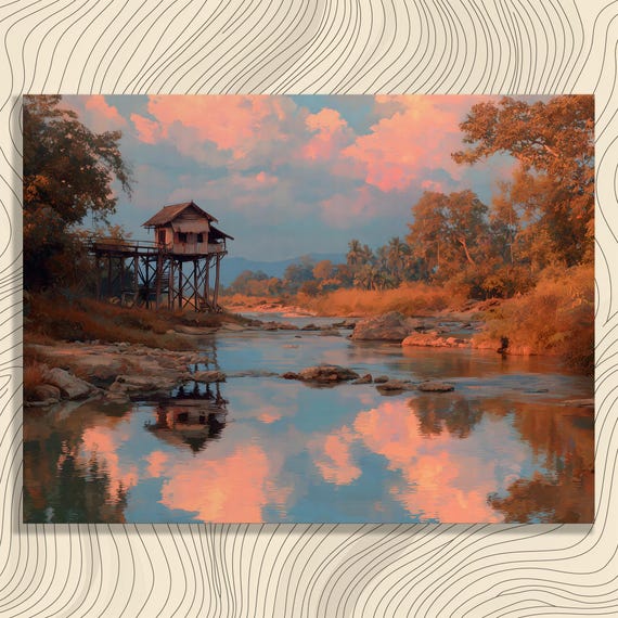Riverside Cabin Reflection Canvas Wall Art Rustic Landscape Print Nature Decor Colorful Sunset River Painting Stilt House Scene