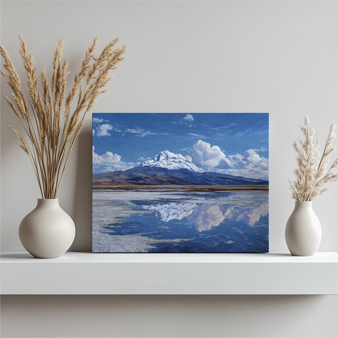 Snow Capped Mountain Mirror Lake Reflection Blue Sky Landscape Poster