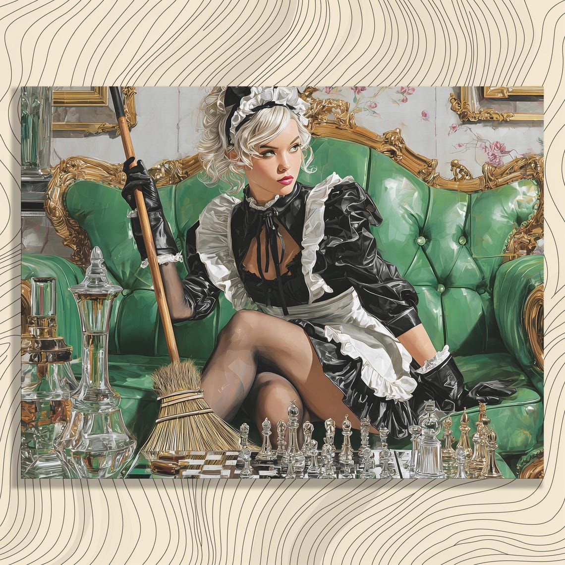Chess Maid Baroque Pop Surrealism Green Sofa Chessboard Poster