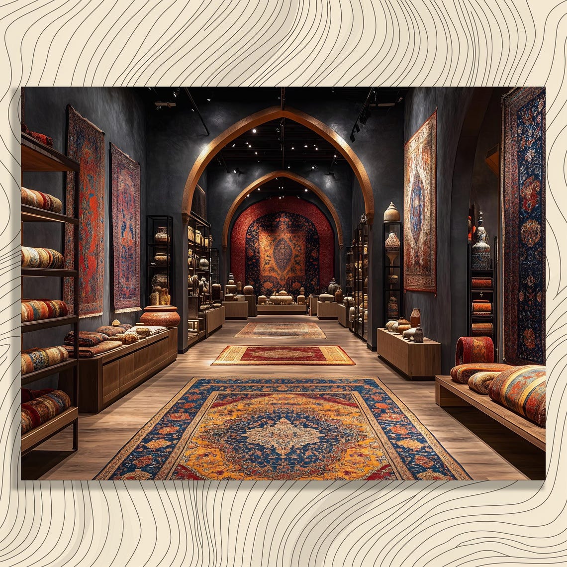 Oriental Rug Shop Interior Poster with Persian Carpets and Brass