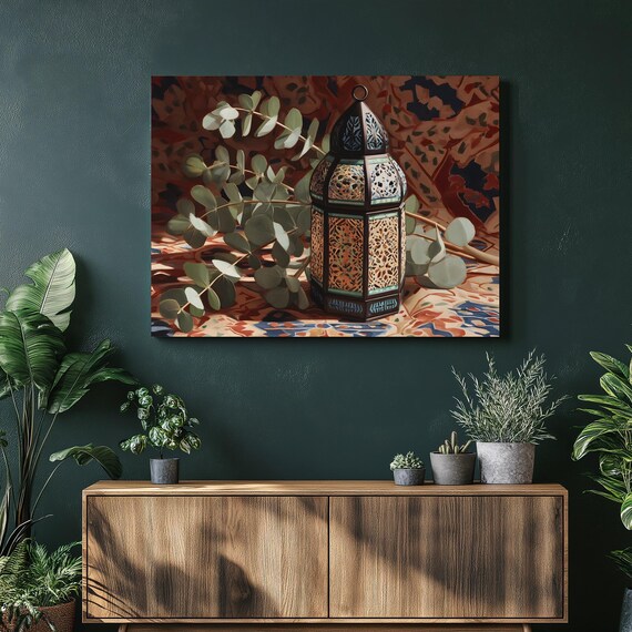 Moroccan Lantern Still Life Poster Boho Eucalyptus Patterned Decor