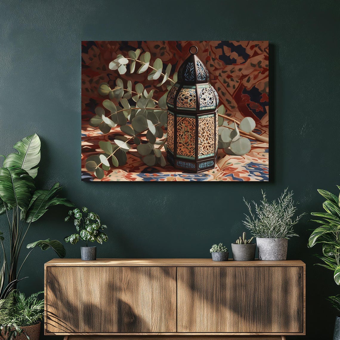 Moroccan Lantern Canvas Wall Art Boho Style Decor Botanical Prints Arabesque Pattern Eucalyptus Leaves Still Life Painting Artwork