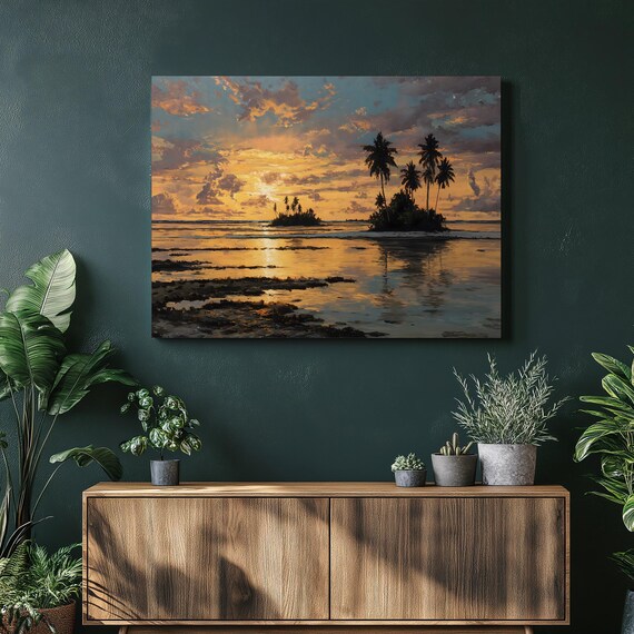 Tropical Sunset Island Seascape Golden Ocean Palm Trees Painting Poster