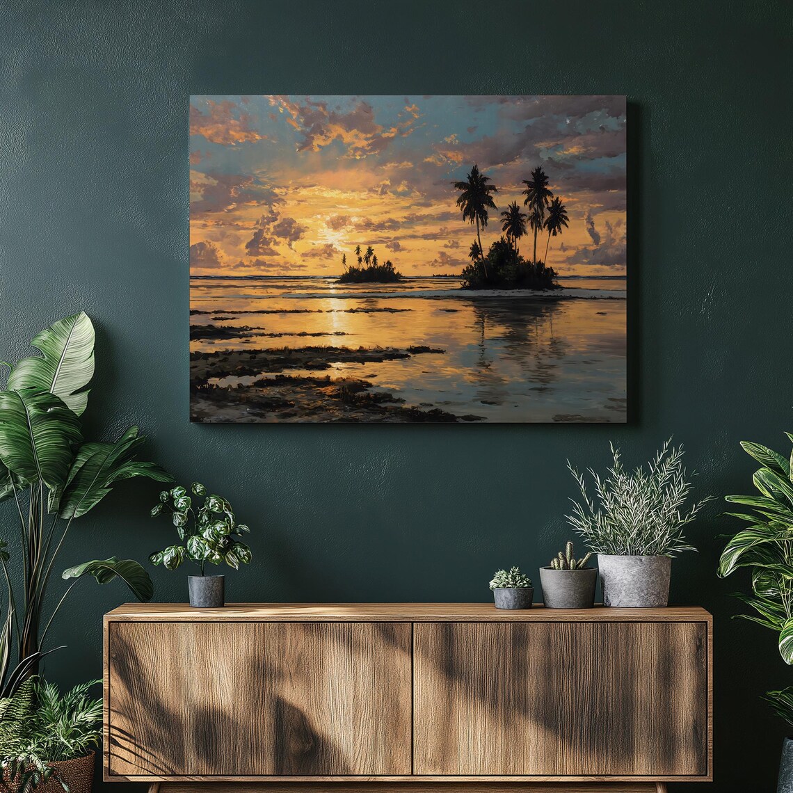 Tropical Sunset Island Seascape Golden Ocean Palm Trees Painting Poster