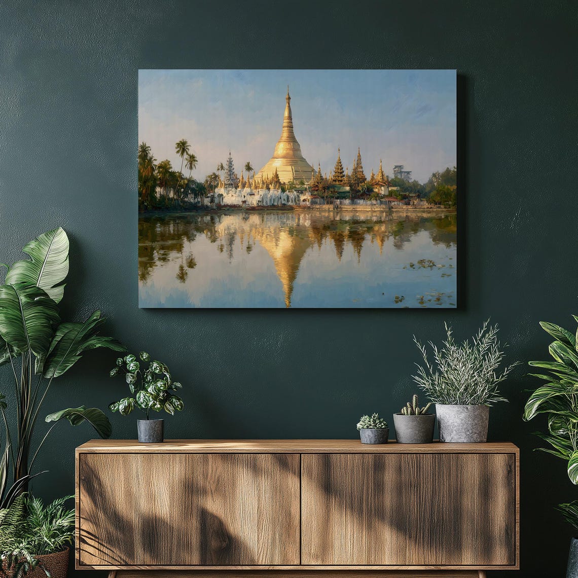 Golden Buddhist Temple Pagoda Lake Reflection Painting Poster