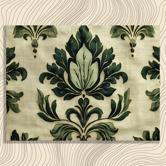Vintage Green Damask Floral Pattern Textile Linen Canvas Style Poster