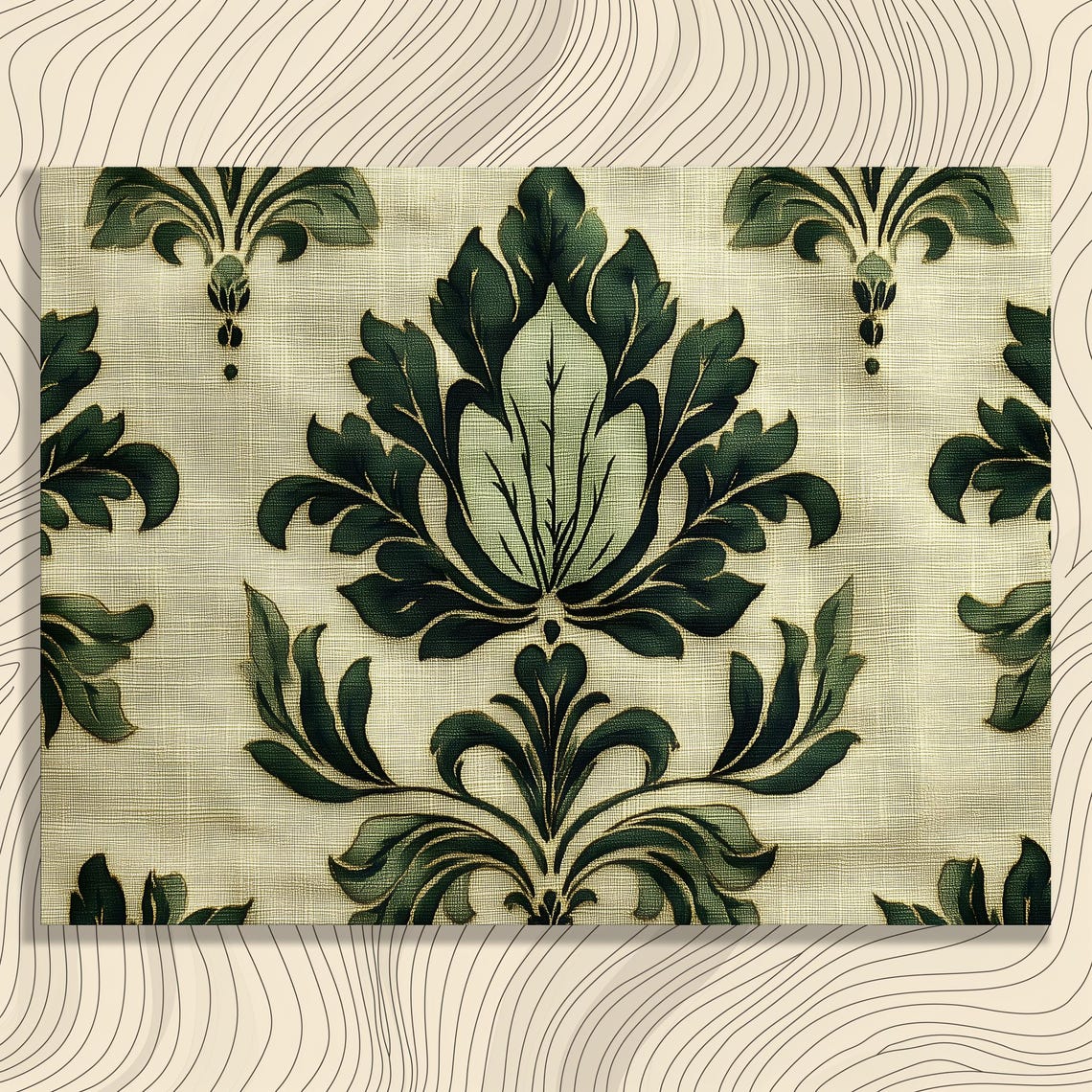 Vintage Green Damask Floral Pattern Textile Linen Canvas Style Poster