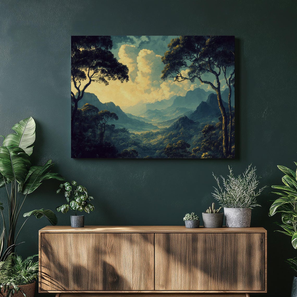 Tropical Rainforest Valley Misty Mountains Jungle Painting Poster