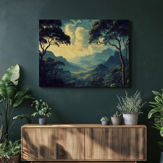 Tropical Rainforest Valley Misty Mountains Jungle Painting Poster