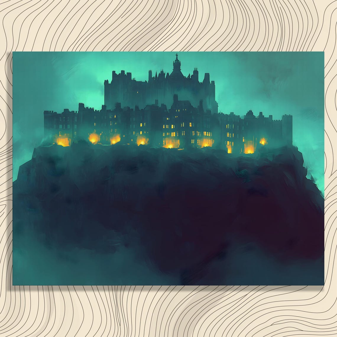 Edinburgh Castle Night Silhouette In Glowing Teal Mist Poster