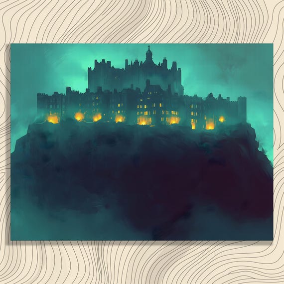 Edinburgh Castle Canvas Wall Art Misty Scottish Fortress Night Landscape Print Moody Teal Blue Decor Travel Gift For History Lovers
