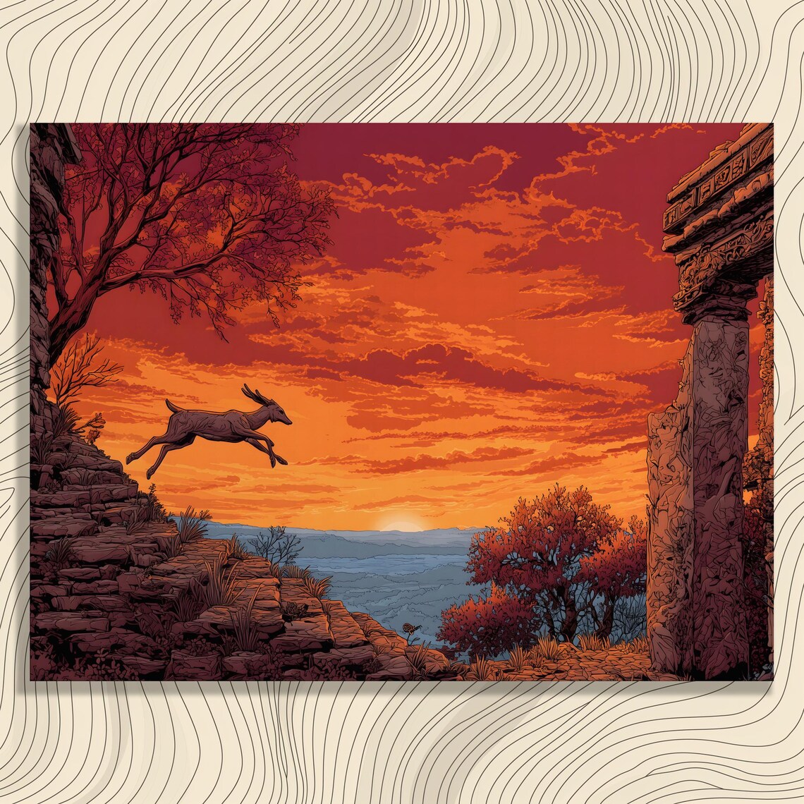 Deer Canyon Sunset Canvas Wall Art Modern Wildlife Landscape Print Vibrant Nature Decor Orange Sky Ancient Ruins Painting