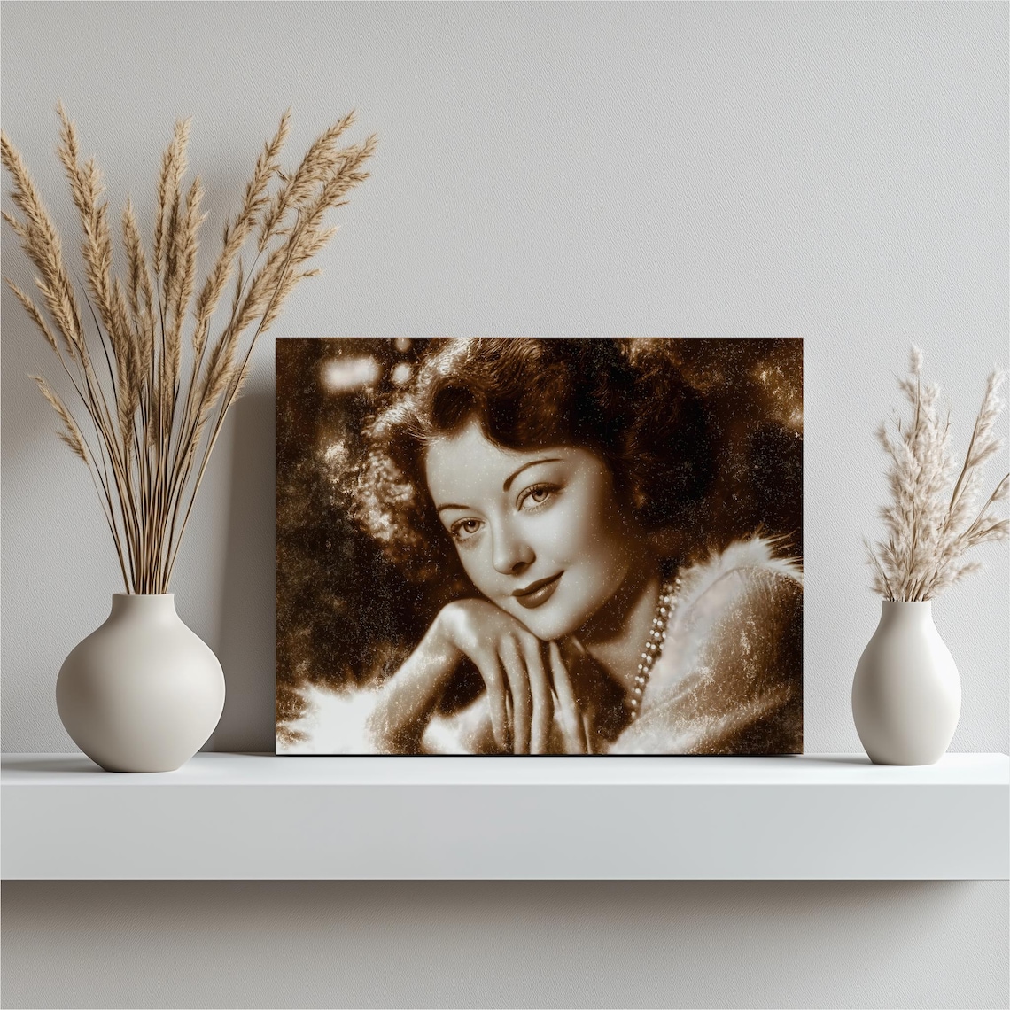 Vintage Hollywood Glamour Sepia Portrait Pearl Necklace Poster