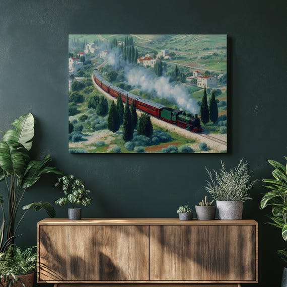 Vintage Steam Train Canvas Wall Art Mediterranean Landscape Print Rolling Hills Cypress Trees Locomotive Painting Railroad Decor Gift