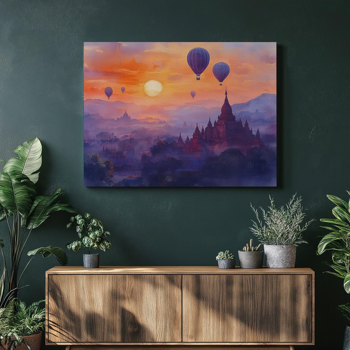 Hot Air Balloons Over Ancient Temples Sunrise Watercolor Poster