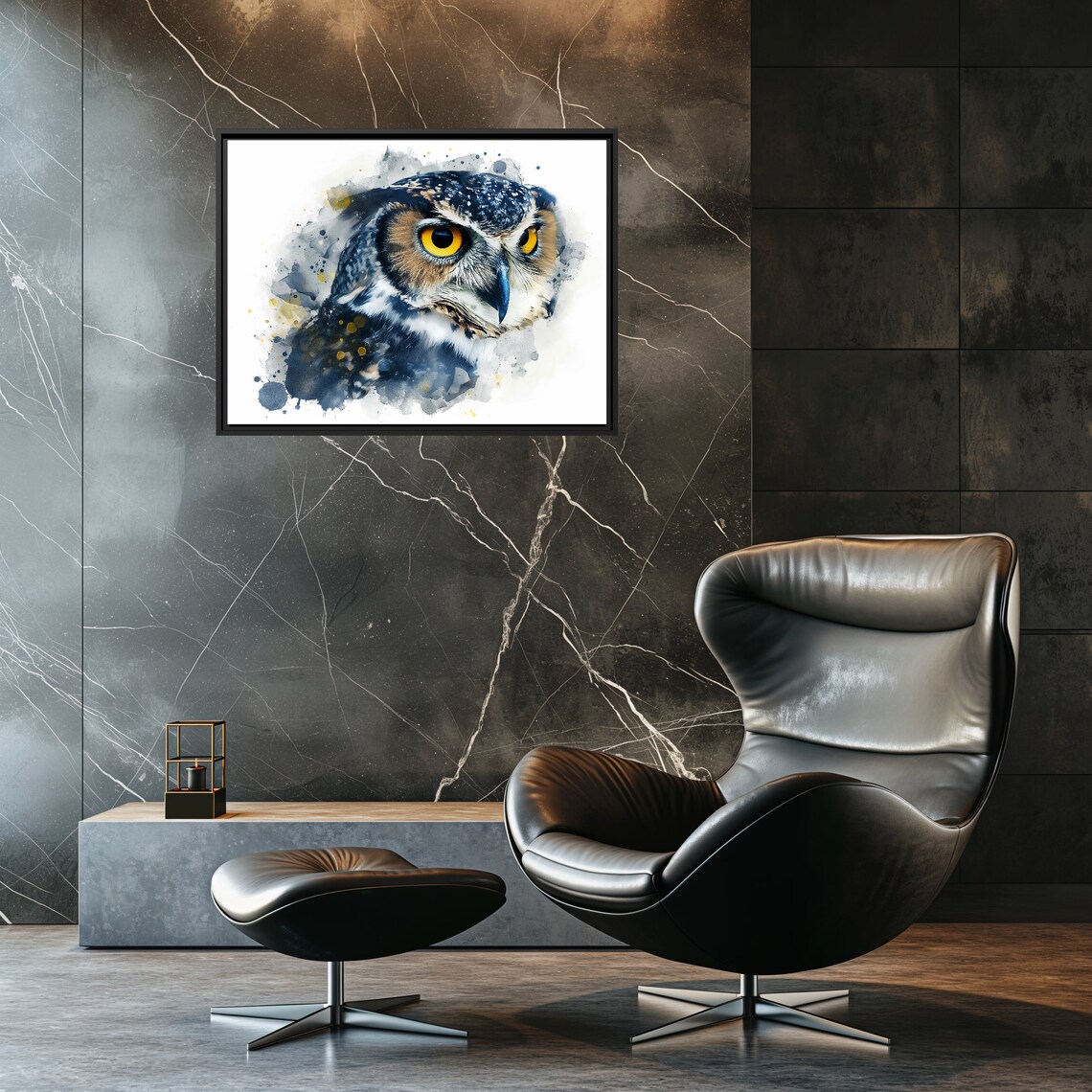 Great Horned Owl Watercolor Wildlife Bird Portrait Blue Decor Poster