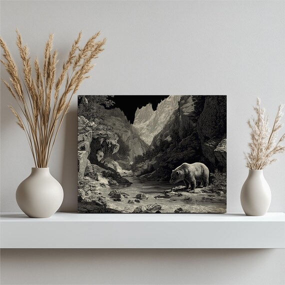 Grizzly Bear Canvas Wall Art Vintage Inspired Wildlife Print Rustic Cabin Style Decor Black And White Mountain River Woodcut Engraving