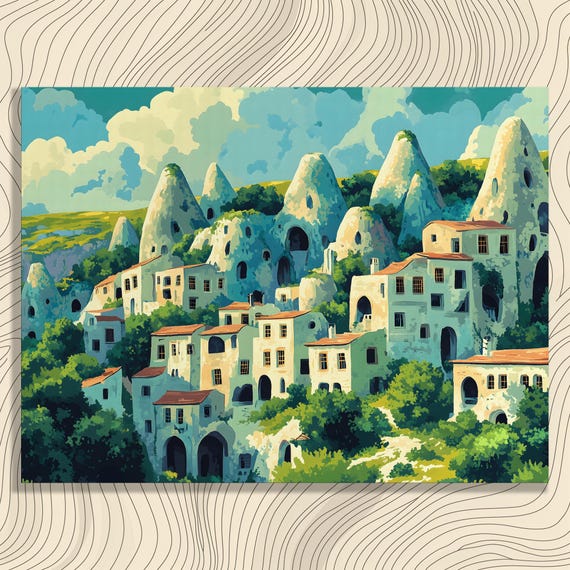Colorful Village Canvas Wall Art Nature Inspired Impressionist Landscape Print With Trees Rocks And Hills In Green Blue Palette
