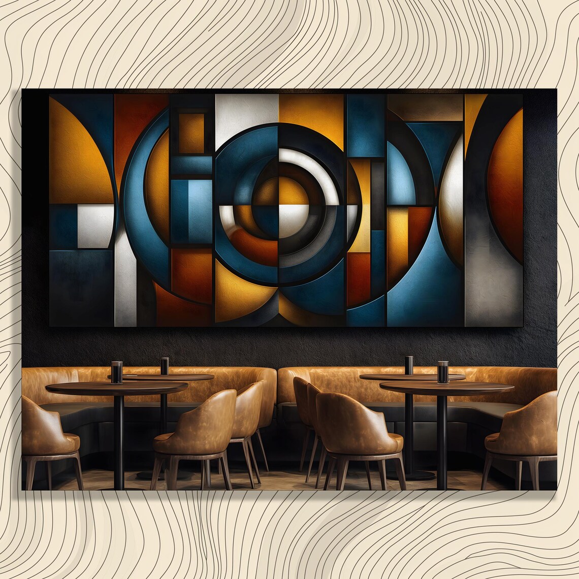 Geometric Abstract Circles Canvas Wall Art Midcentury Modern Color Blocked Blue Orange Design Contemporary Print